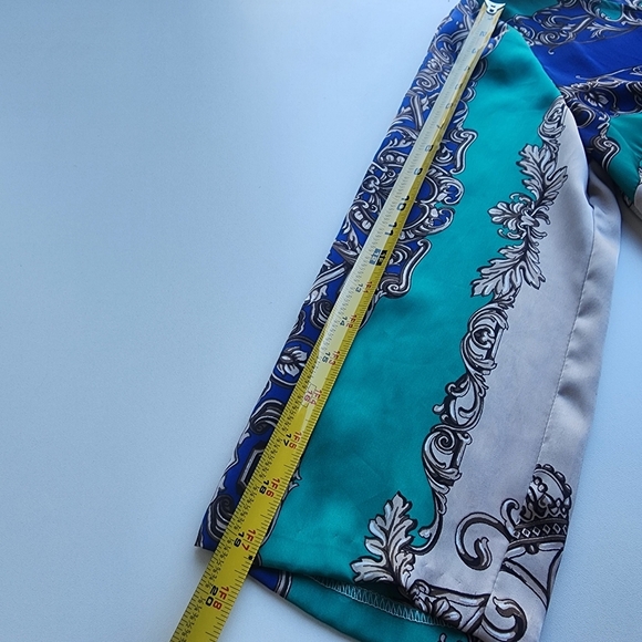 Cache Satin Green Blue Dress Beige Butterfly Scroll Chain Equestrian Print Sz M - Picture 15 of 16